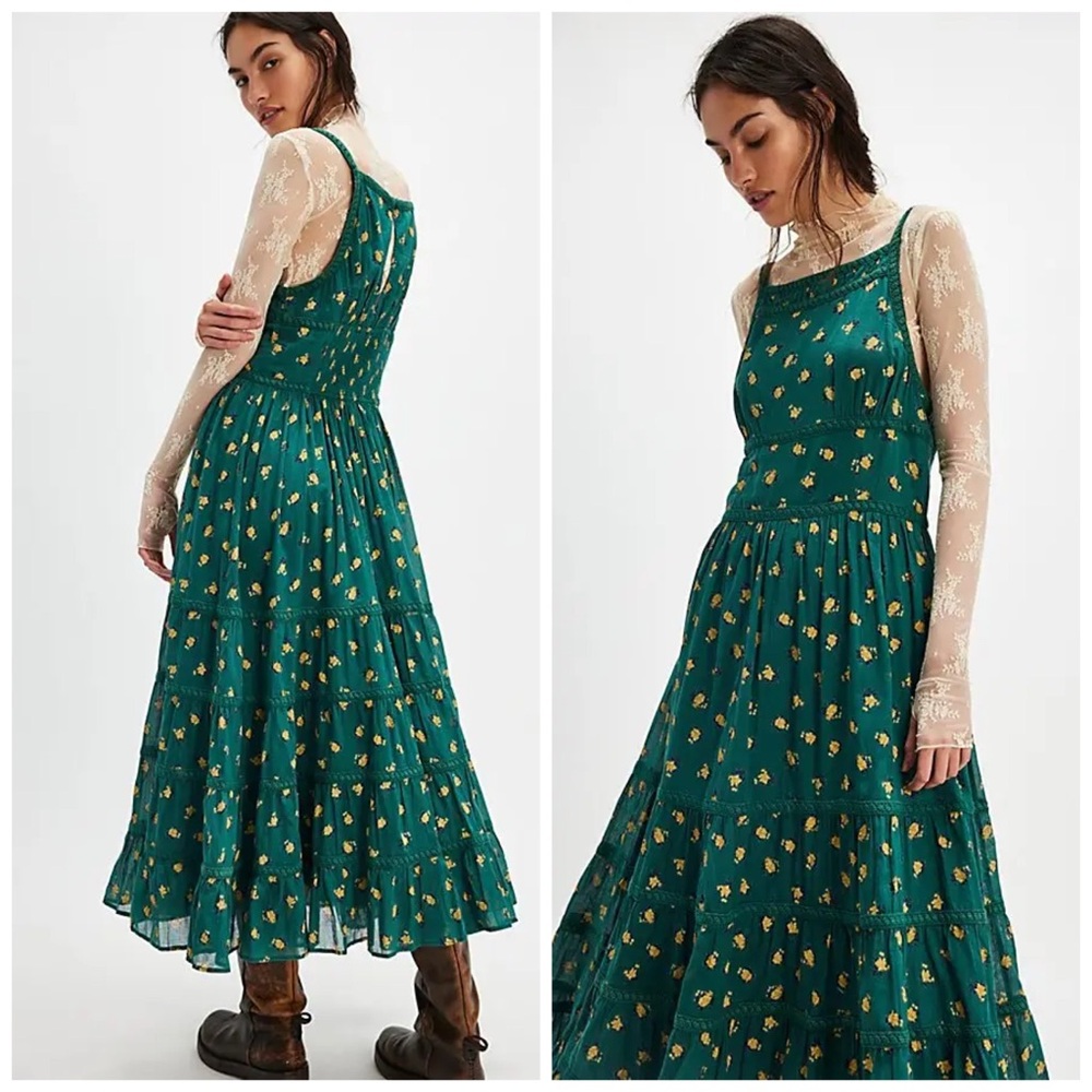 Free People Daydreamer‎ Midi Floral Green Tiered Dress Sundress Medium
